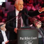 Oct 23, 2024; Miami, Florida, USA; Miami Heat president Pat Riley addresses the crowd during the Pat Riley Court dedication ceremony at halftime at Kaseya Center.