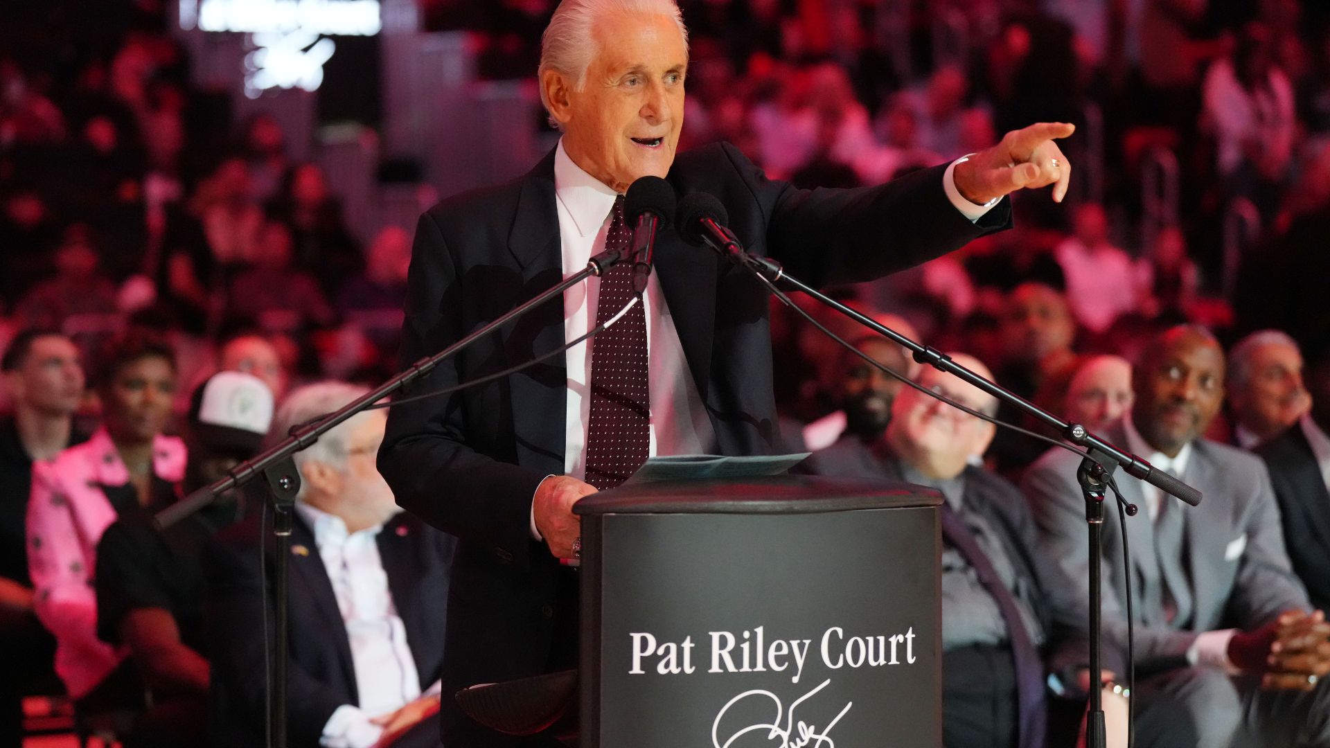 Oct 23, 2024; Miami, Florida, USA; Miami Heat president Pat Riley addresses the crowd during the Pat Riley Court dedication ceremony at halftime at Kaseya Center.