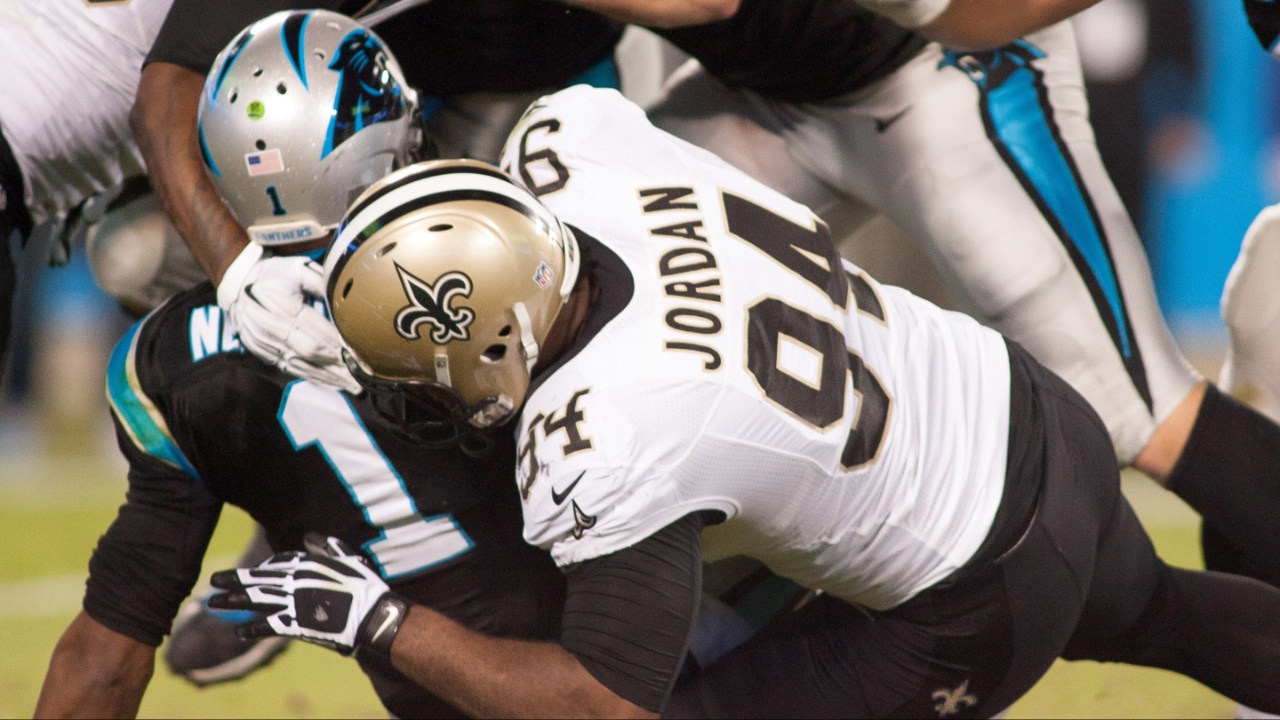 New Orleans Saints defensive end Cameron Jordan (94) sacks Carolina Panthers quarterback Cam Newton (1) during the second quarter at Bank of America Stadium.