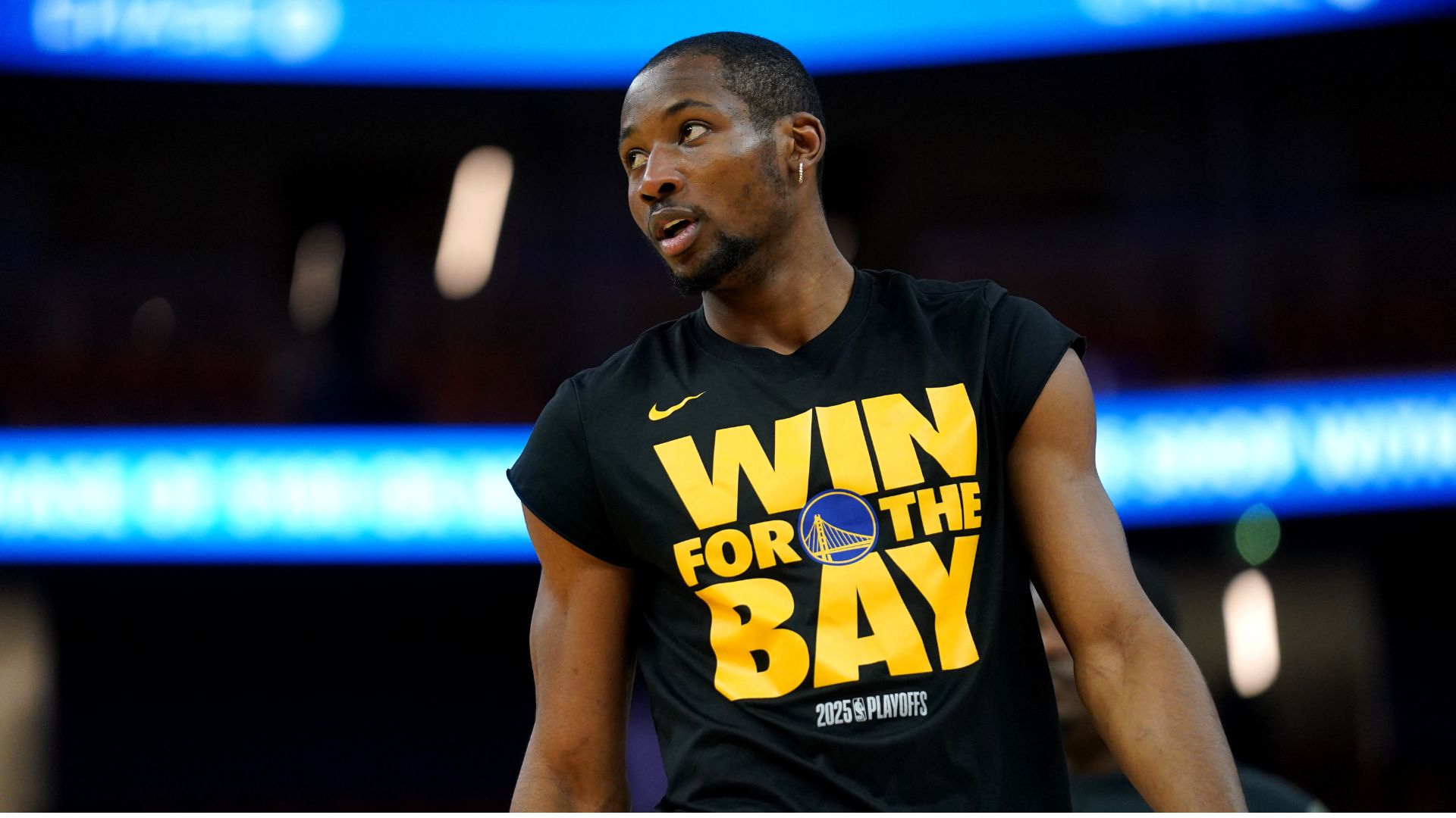 May 12, 2025; San Francisco, California, USA; Golden State Warriors forward Jonathan Kuminga (00) stands on the court during warmups against the Minnesota Timberwolves during game four of the second round for the 2025 NBA Playoffs at Chase Center.