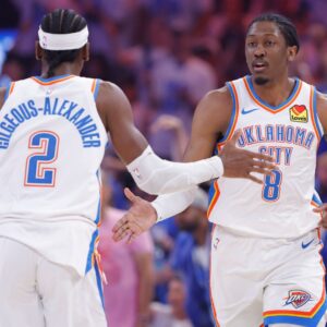 May 13, 2025; Oklahoma City, Oklahoma, USA; Oklahoma City Thunder forward Jalen Williams (8) and guard Shai Gilgeous-Alexander (2) celebrate after a scoring against the Denver Nuggets during the first quarter of game five of the second round for the 2025 NBA Playoffs at Paycom Center.