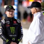 NASCAR Cup Series driver Ty Gibbs (left) with team owner and grandfather Joe Gibbs during qualifying for the Daytona 500 at Daytona International Speedway.