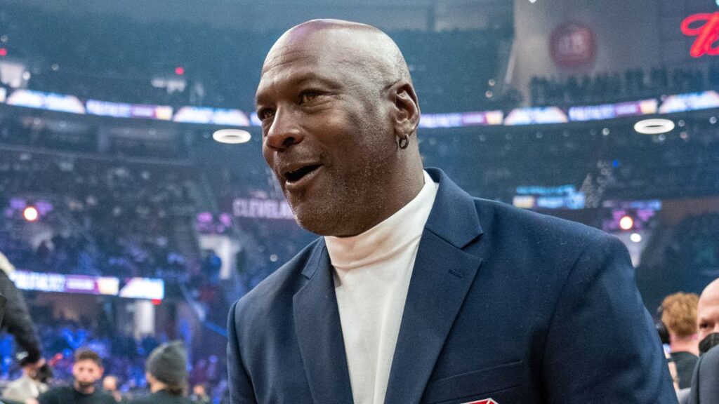 NBA great Michael Jordan is honored for being selected to the NBA 75th Anniversary Team during halftime in the 2022 NBA All-Star Game at Rocket Mortgage FieldHouse.