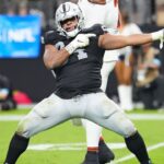 Las Vegas Raiders defensive tackle Christian Wilkins (94) celebrates after a penalty overturned a scoring play by the Cleveland Browns during the fourth quarter at Allegiant Stadium.