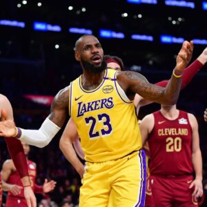 Los Angeles Lakers forward LeBron James (23) reacts during the first half at Crypto.com Arena