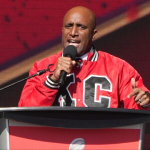 Kansas City mayor Quinton Lucas addresses the crowd on stage during the celebration of the Kansas City Chiefs winning Super Bowl LVIII.