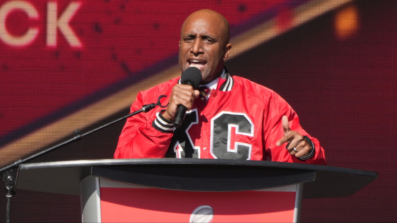 Kansas City mayor Quinton Lucas addresses the crowd on stage during the celebration of the Kansas City Chiefs winning Super Bowl LVIII.