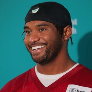 Miami Dolphins quarterback Tua Tagovailoa (1) speaks to reporters during training camp at Baptist Health Training Complex.