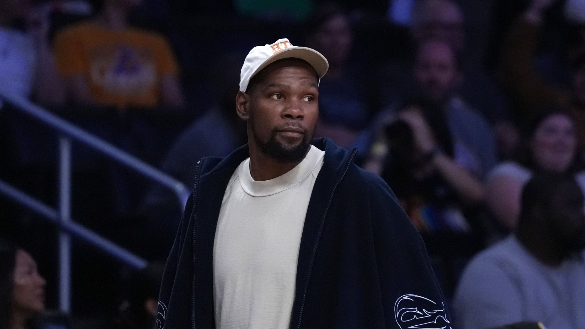 Kevin Durant attends a WNBA game between the Atlanta Dream and LA Sparks at Crypto.com Arena.