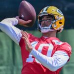 Green Bay Packers quarterback Jordan Love (10) participates in the team's minicamp at Ray Nitschke Field.