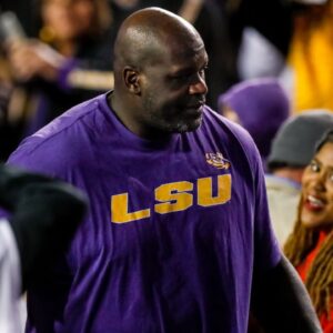 Former LSU Tigers Shaquille O'Neal attends the game against Arkansas Razorbacks during the first half at Tiger Stadium