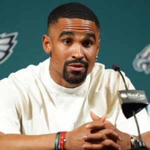 Philadelphia Eagles quarterback Jalen Hurts (1) addresses media during a press conference at NovaCare Complex.