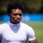 Carolina Panthers wide receiver Jimmy Horn Jr. (15) talks with media after practice at training camp.