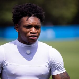 Carolina Panthers wide receiver Jimmy Horn Jr. (15) talks with media after practice at training camp.