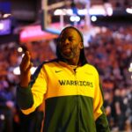 May 12, 2025; San Francisco, California, USA; Golden State Warriors forward Draymond Green (23) blows a kiss towards the crowd before the start of the game against the Minnesota Timberwolves during game four of the second round for the 2025 NBA Playoffs at Chase Center.