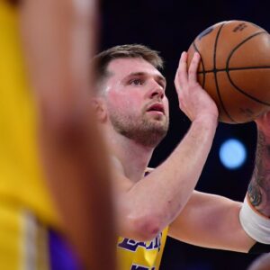 Los Angeles Lakers guard Luka Doncic (77) shoots a free throw against the Minnesota Timberwolves during the first half in game five of first round for the 2025 NBA Playoffs at Crypto.com Arena.