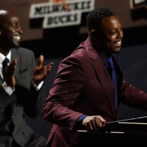 Class of 2021 inductee Paul Pierce speaks alongside presenter Kevin Garnett during the Naismith Memorial Basketball Hall of Fame Enshrinement at MassMutual Center.