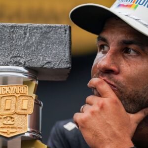 NASCAR Cup Series driver Bubba Wallace (23) celebrates winning Sunday, July 27, 2025, the Brickyard 400 at Indianapolis Motor Speedway.