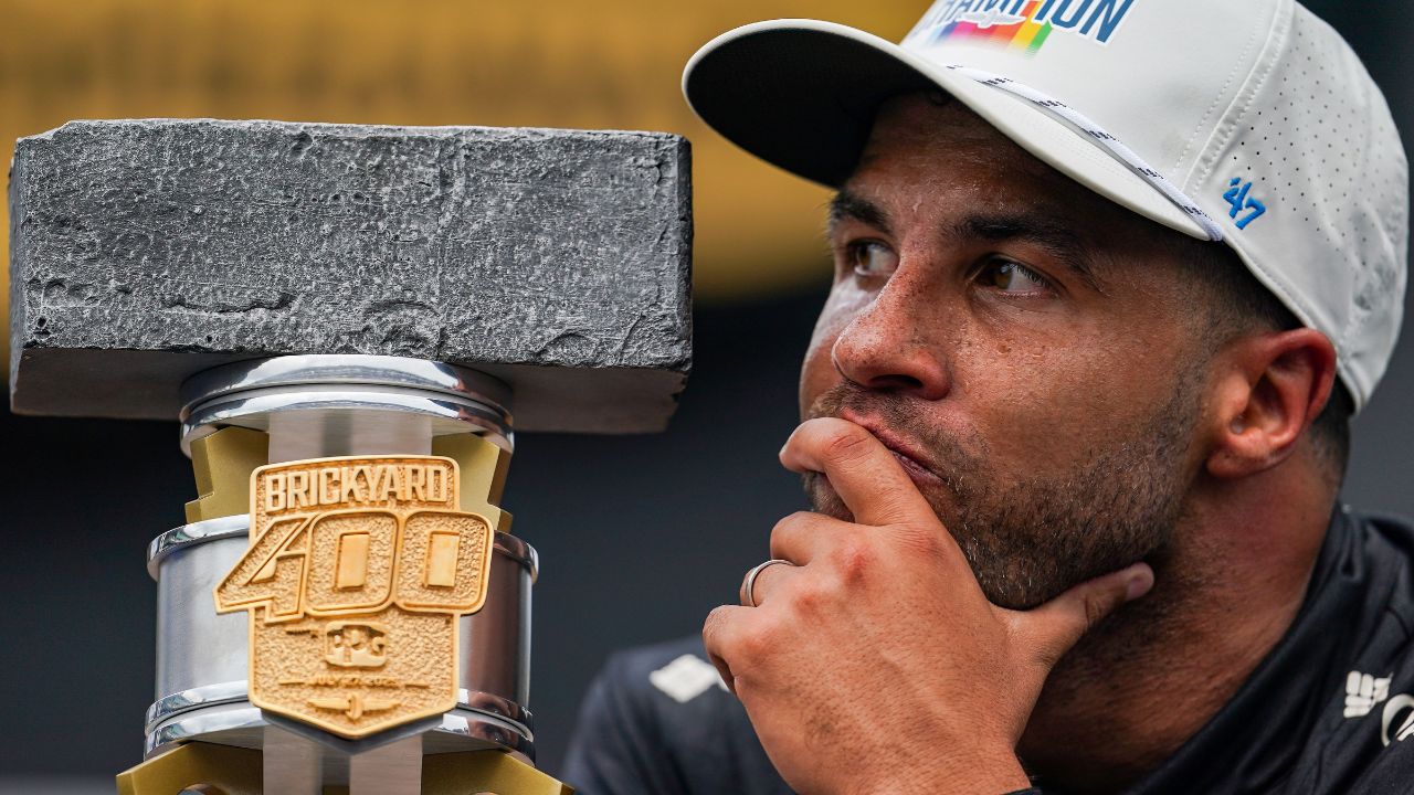 NASCAR Cup Series driver Bubba Wallace (23) celebrates winning Sunday, July 27, 2025, the Brickyard 400 at Indianapolis Motor Speedway.