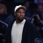 Kevin Durant attends a WNBA game between the Atlanta Dream and LA Sparks at Crypto.com Arena.