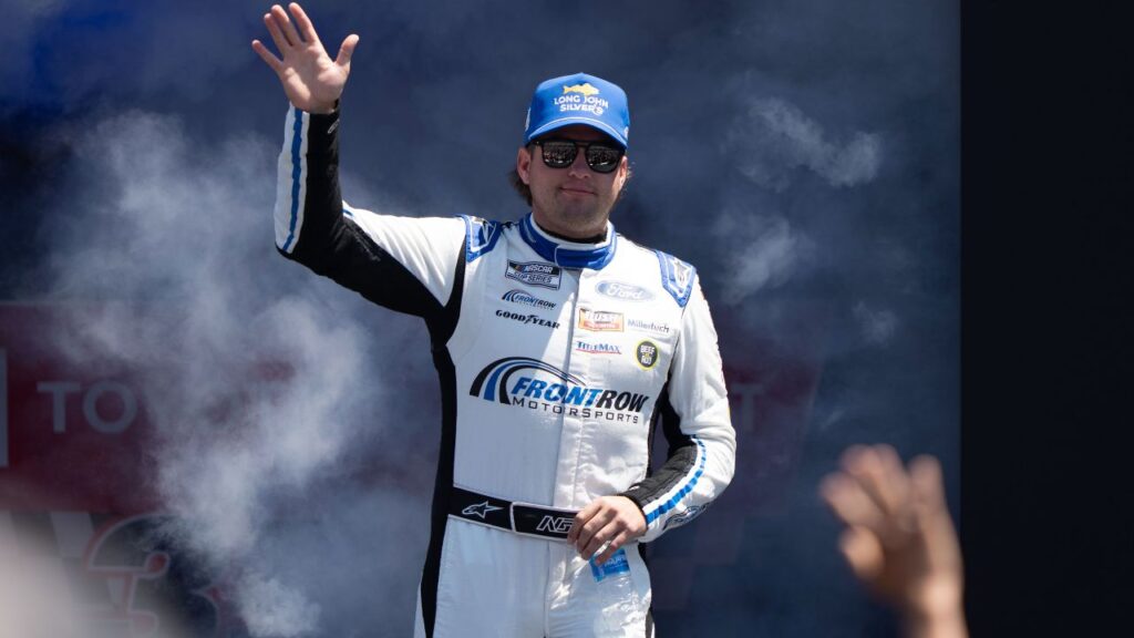 NASCAR Cup Series driver Noah Gragson (4) waves after being introduced to fans before the start of the NASCAR Toyota / Save Mart 360 at Sonoma Raceway.