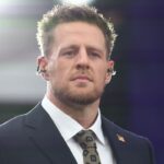 CBS analyst J.J. Watt on the field before Super Bowl LVIII between the Kansas City Chiefs and the San Francisco 49ers at Allegiant Stadium.