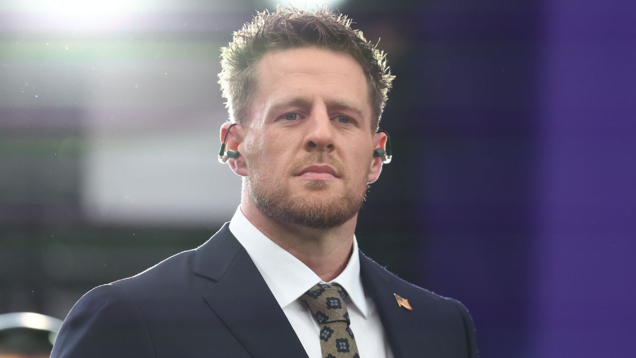 CBS analyst J.J. Watt on the field before Super Bowl LVIII between the Kansas City Chiefs and the San Francisco 49ers at Allegiant Stadium.