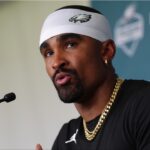 Philadelphia Eagles quarterback Jalen Hurts (1) addresses media during training camp at NovaCare Complex.