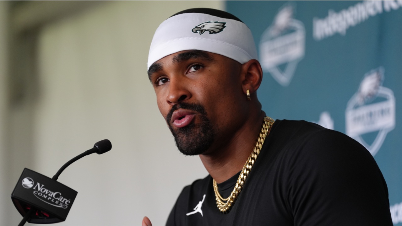 Philadelphia Eagles quarterback Jalen Hurts (1) addresses media during training camp at NovaCare Complex.