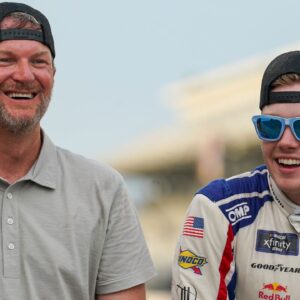 Dale Earnhardt Jr. smiles for a photo with NASCAR Xfinity Series driver Connor Zilisch (88) on Saturday, July 26, 2025, after winning the Pennzoil 250 at Indianapolis Motor Speedway.