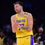 Apr 30, 2025; Los Angeles, California, USA; Los Angeles Lakers guard Luka Doncic (77) reacts during the second half in game five of first round for the 2025 NBA Playoffs at Crypto.com Arena