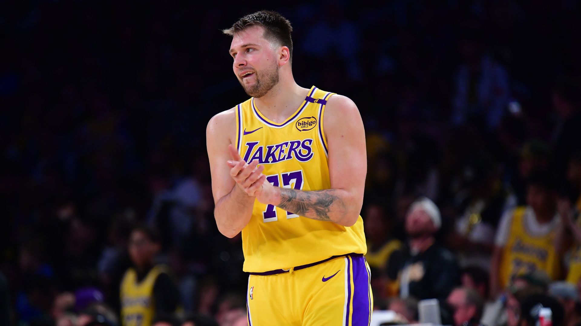 Apr 30, 2025; Los Angeles, California, USA; Los Angeles Lakers guard Luka Doncic (77) reacts during the second half in game five of first round for the 2025 NBA Playoffs at Crypto.com Arena