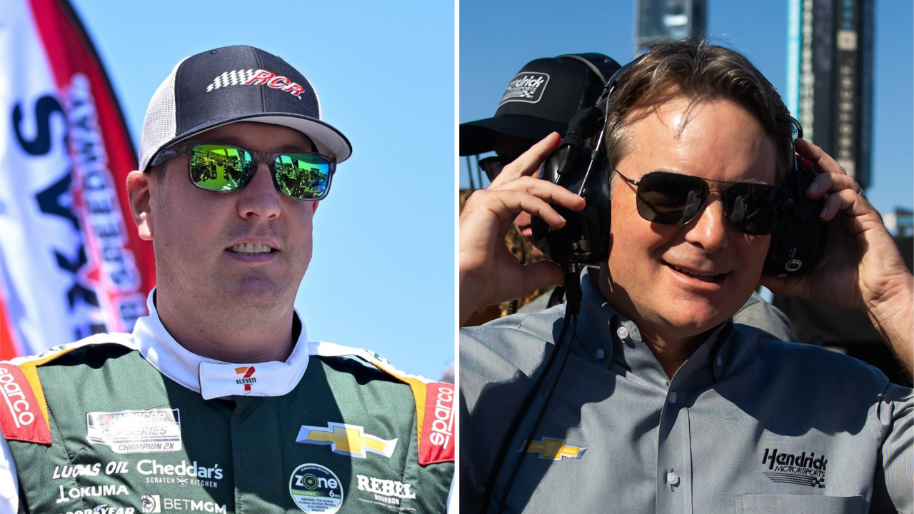 (L-R) NASCAR Cup Series driver Kyle Busch with former Hendrick Motorsports driver turned Vice Chairman Jeff Gordon.