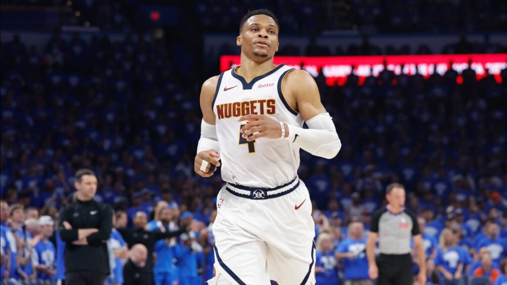 Denver Nuggets guard Russell Westbrook (4) runs down the court against the Oklahoma City Thunder in the second quarter during game seven of the second round for the 2025 NBA Playoffs at Paycom Center.