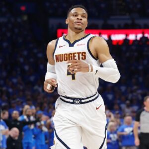 Denver Nuggets guard Russell Westbrook (4) runs down the court against the Oklahoma City Thunder in the second quarter during game seven of the second round for the 2025 NBA Playoffs at Paycom Center.