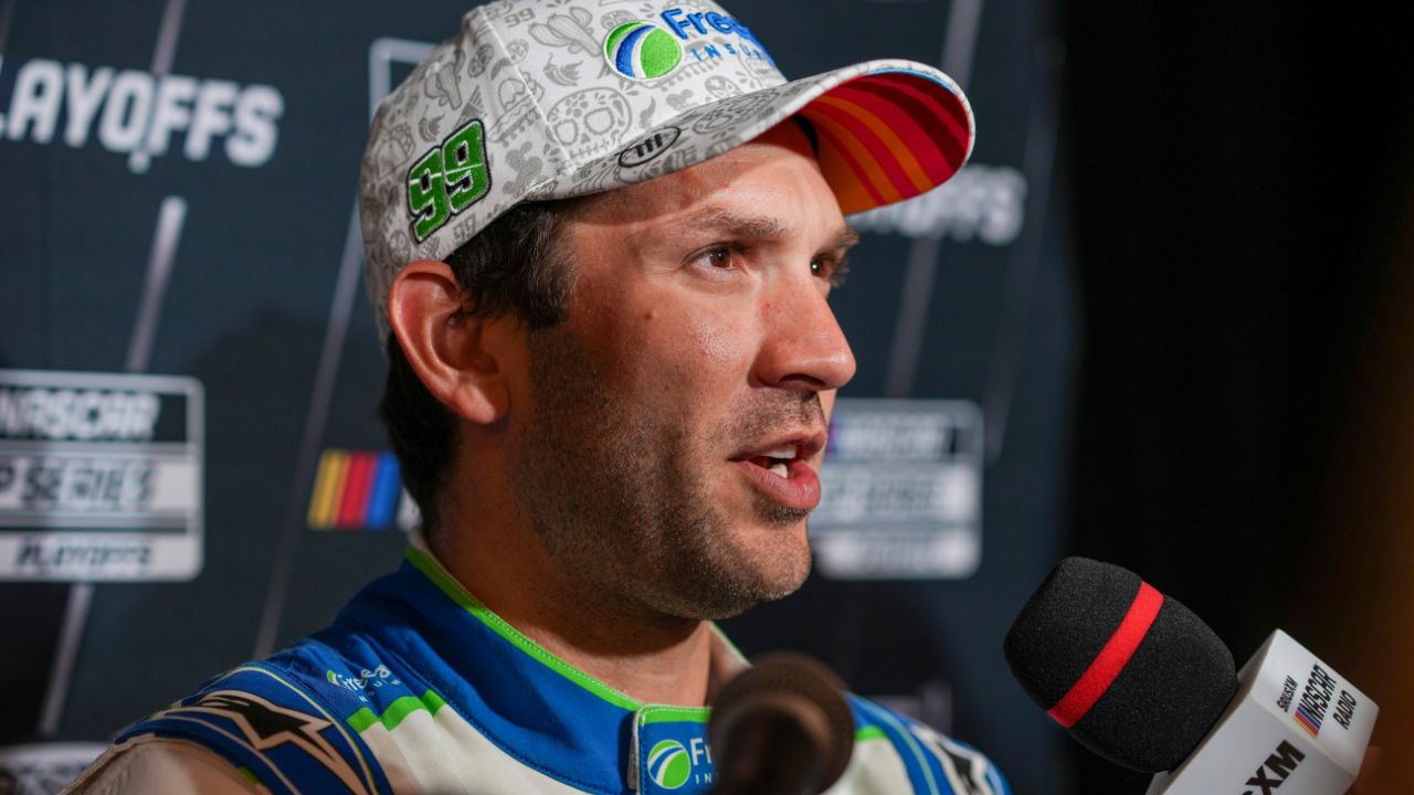 Daniel Suarez speaks to media members during the NASCAR Playoffs Media Day at the Charlotte Convention Center.