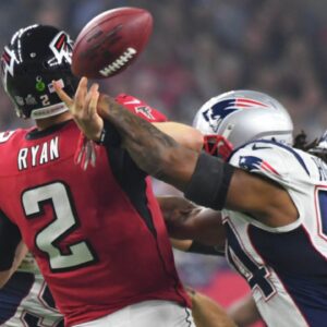 Feb 5, 2017; Houston, TX, USA; New England Patriots middle linebacker Dont'a Hightower (54) hits Atlanta Falcons quarterback Matt Ryan (2) who fumbles the ball in the fourth quarter during Super Bowl LI at NRG Stadium.