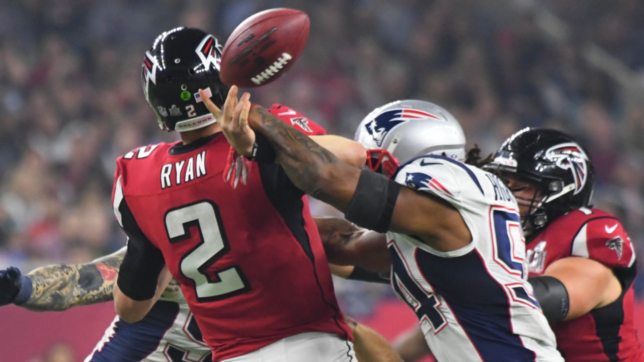 Feb 5, 2017; Houston, TX, USA; New England Patriots middle linebacker Dont'a Hightower (54) hits Atlanta Falcons quarterback Matt Ryan (2) who fumbles the ball in the fourth quarter during Super Bowl LI at NRG Stadium.