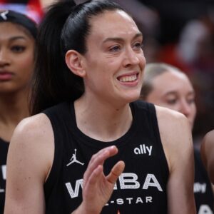 Team Collier forward Breanna Stewart (30) celebrates after the 2025 WNBA All Star Game at Gainbridge Fieldhouse.
