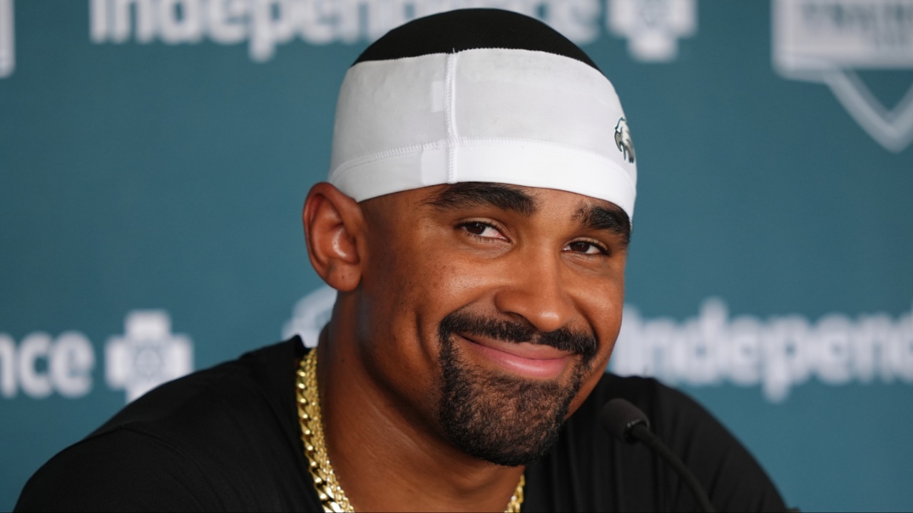 Philadelphia Eagles quarterback Jalen Hurts (1) reacts as he addresses media during training camp at NovaCare Complex.