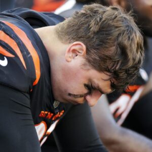 Cincinnati Bengals defensive end Trey Hendrickson (91) hangs his head on the sideline in the fourth quarter of the NFL Week 9 game between the Cincinnati Bengals and the Cleveland Browns at Paul Brown Stadium in Cincinnati on Sunday, Nov. 7, 2021. Cleveland kept a halftime lead to clinch a 41-16 win over the Bengals.