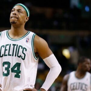 Apr 7, 2013; Boston, MA, USA; Boston Celtics small forward Paul Pierce (34) on the court as they take on the Washington Wizards during the second half at the TD Garden