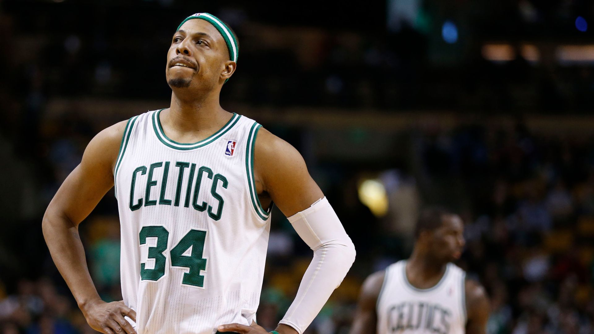 Apr 7, 2013; Boston, MA, USA; Boston Celtics small forward Paul Pierce (34) on the court as they take on the Washington Wizards during the second half at the TD Garden