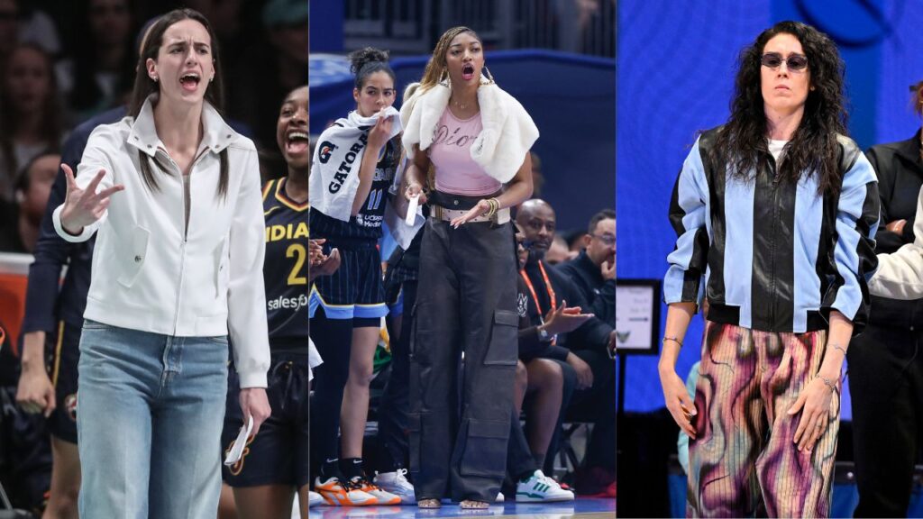 Caitlin Clark (L), Angel Reese (C), Breanna Stewart (R)