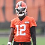 Cleveland Browns quarterback Shedeur Sanders (12) during mini camp at CrossCountry Mortgage Campus.
