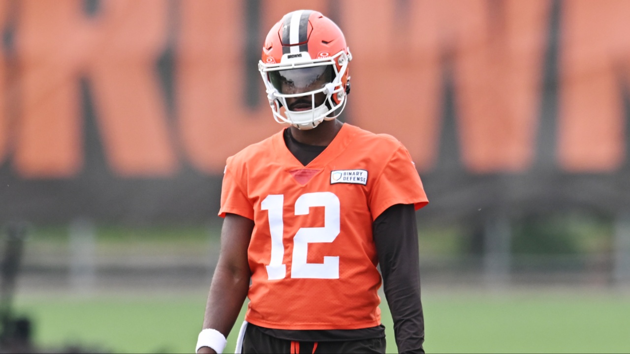 Cleveland Browns quarterback Shedeur Sanders (12) during mini camp at CrossCountry Mortgage Campus.