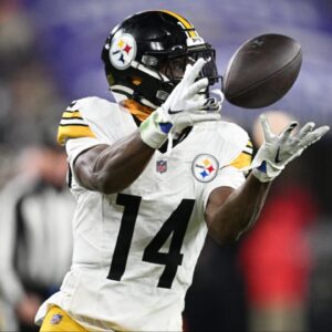Pittsburgh Steelers wide receiver George Pickens (14) makes a catch against the Baltimore Ravens in the third quarter in an AFC wild card game at M&T Bank Stadium.