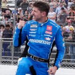 NASCAR Cup Series driver Denny Hamlin (11) celebrates his win during the Cook Out 400 at Martinsville Speedway.