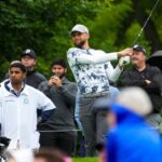Stephen Curry tees off on hole No. 7 during the Workday Golden Bear Pro-Am at the Muirfield Village Golf Club on Wednesday, May 28, 2025 in Dublin, Ohio.