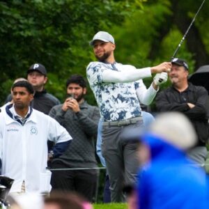 Stephen Curry tees off on hole No. 7 during the Workday Golden Bear Pro-Am at the Muirfield Village Golf Club on Wednesday, May 28, 2025 in Dublin, Ohio.